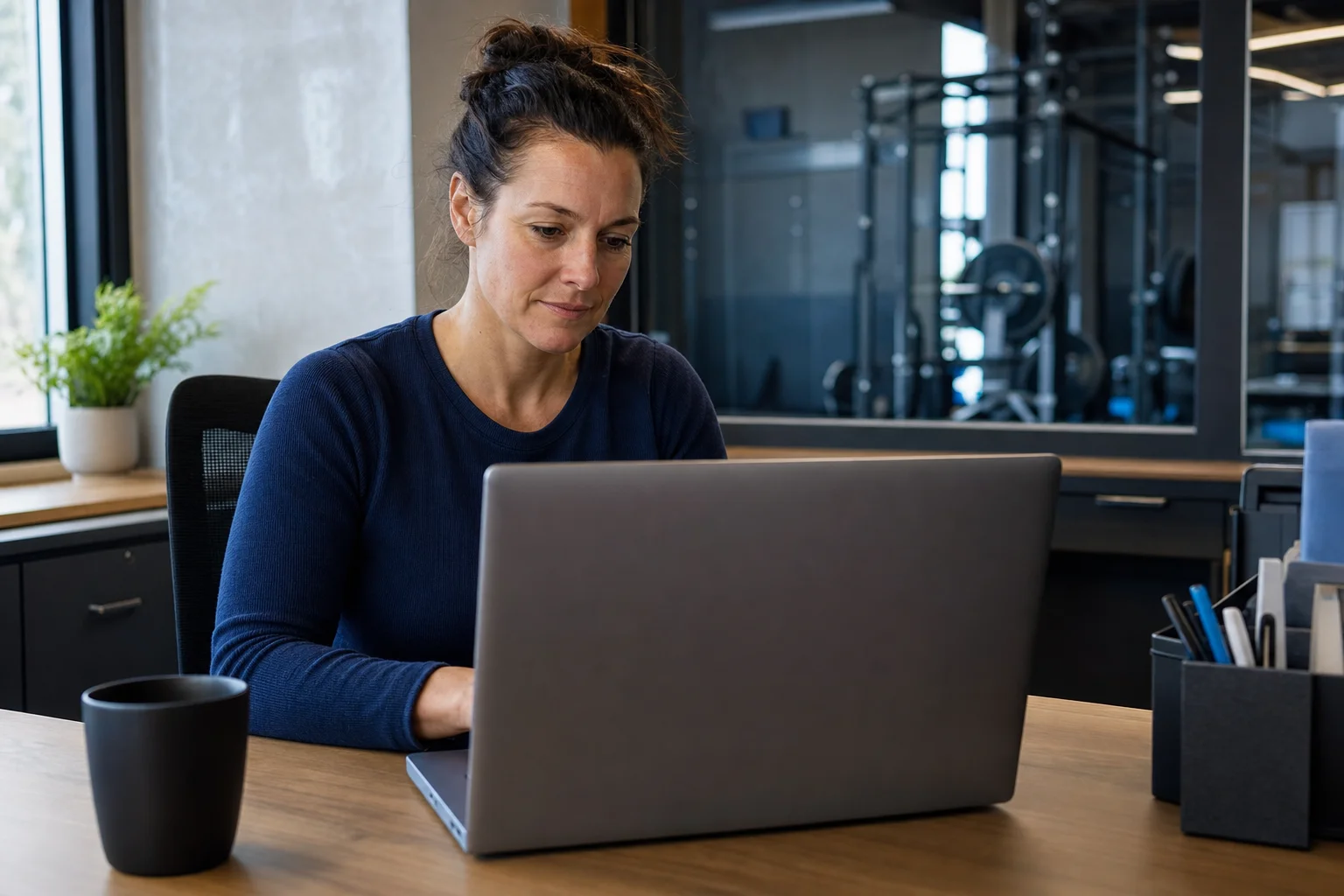 A gym owner reads her dashboard on a laptop in the back office.