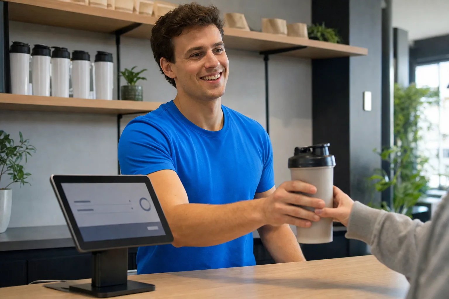 A smiling staff member takes a contactless payment at the studio counter.