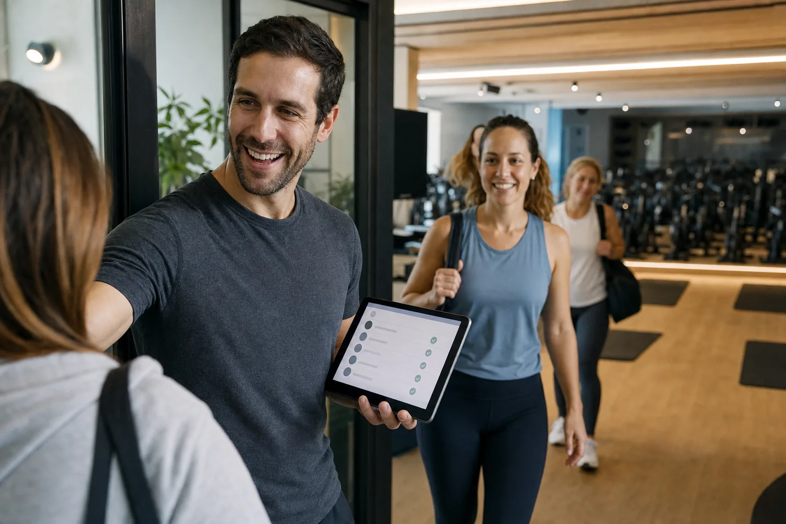 A group-fitness instructor checks members into class on a tablet.