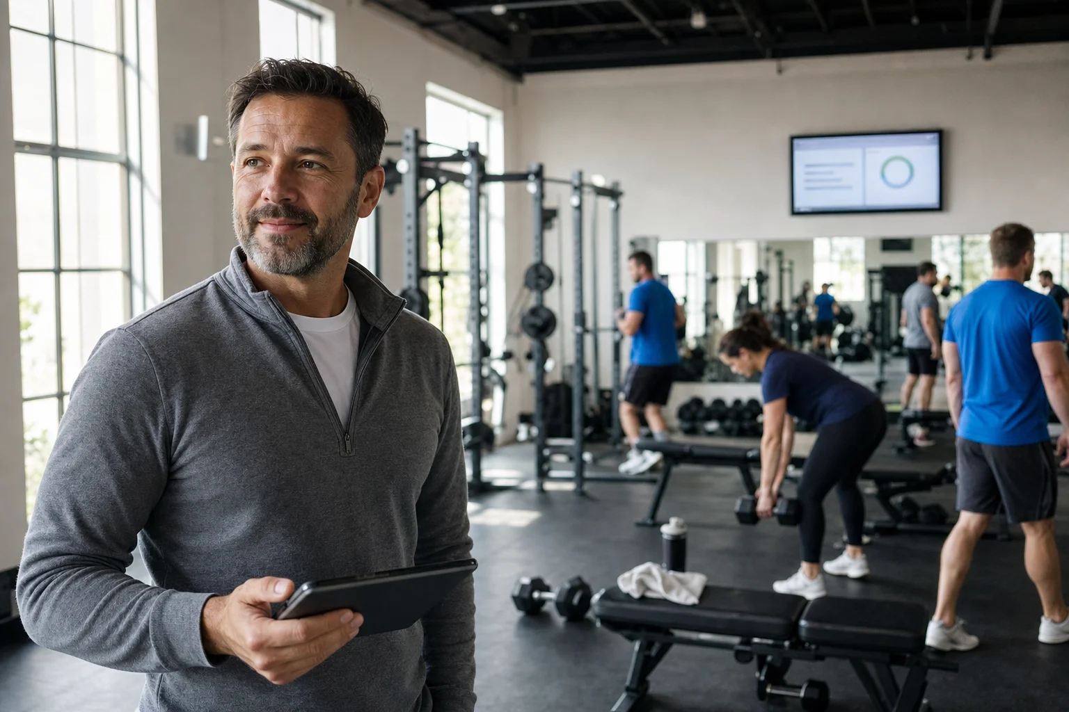A gym operator walks the training floor with a tablet.