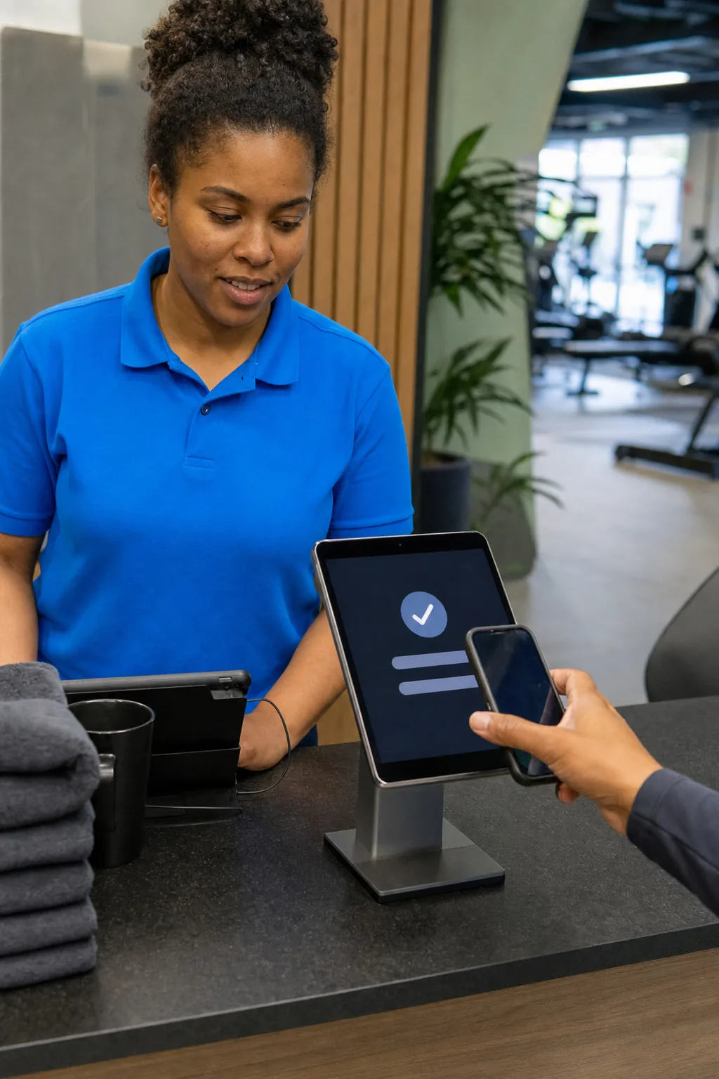Member self-checking in at a front-desk kiosk inside a connected gym system.
