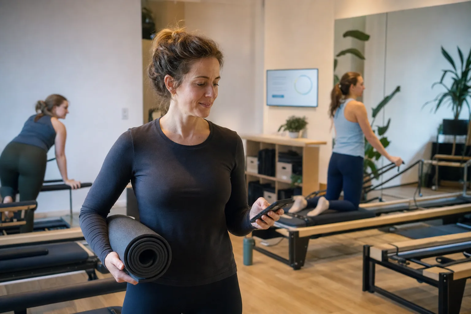 Pilates instructor guiding a small class on reformers in a boutique studio