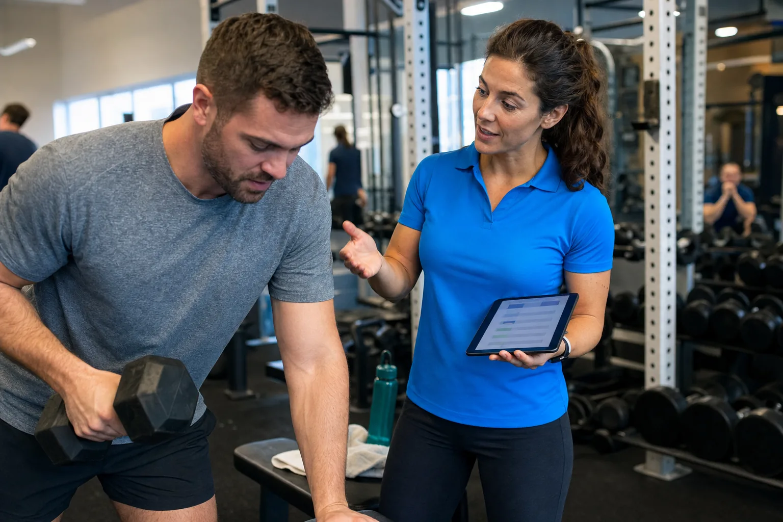 Personal trainer working one-on-one with a member in a studio