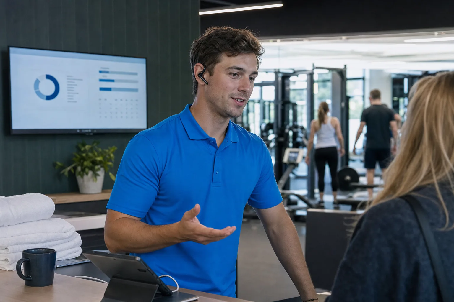 A front-desk staff member smiles on a headset call on the gym floor.