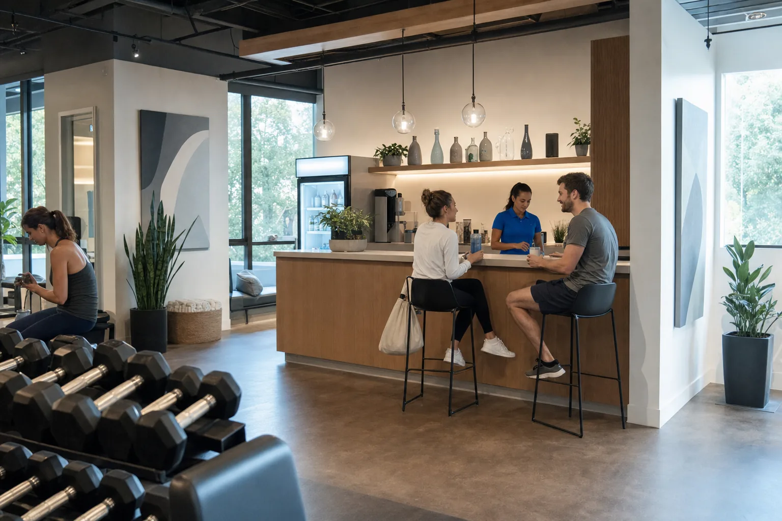 Members chatting at a boutique studio café after class