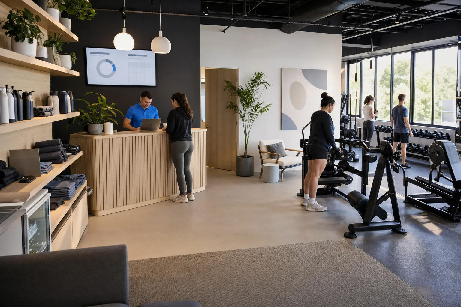 Calm boutique studio reception area with a single front-desk station