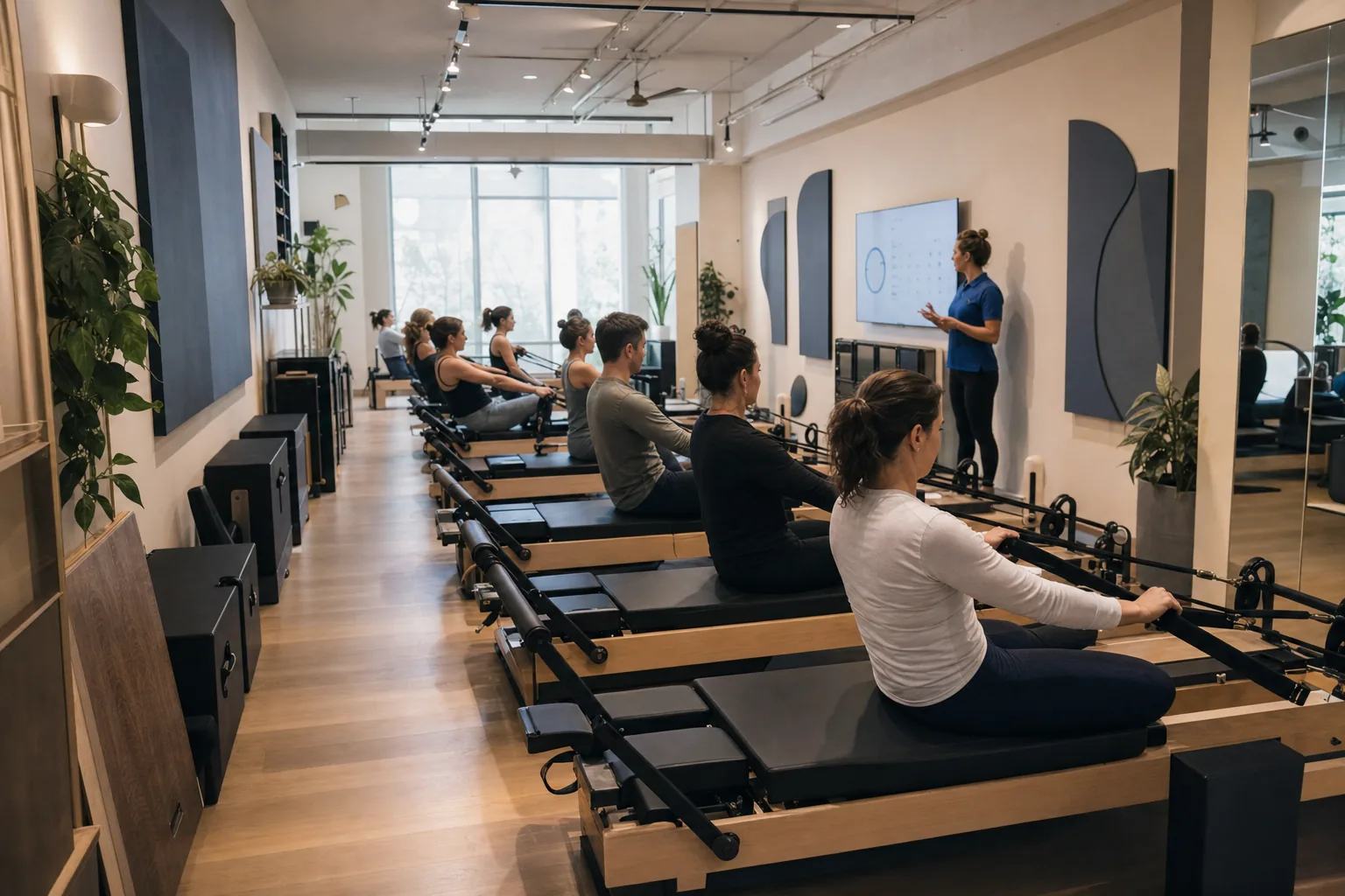 Boutique reformer Pilates studio with a row of fully booked reformers