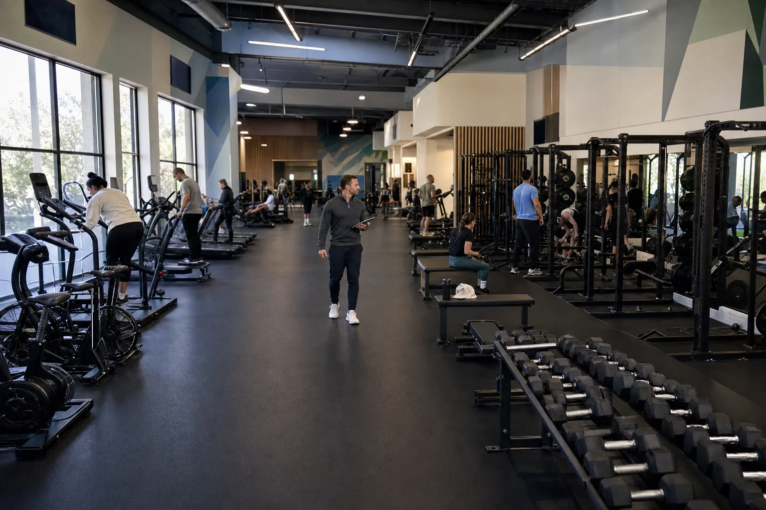A wide view across a busy gym floor seen from the mezzanine.