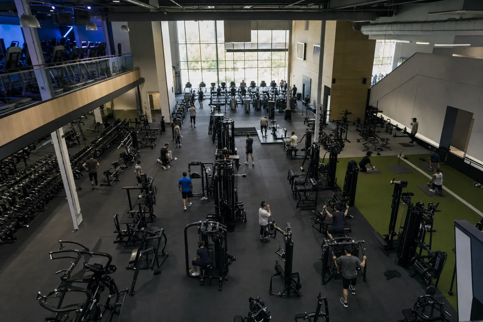 Wide mezzanine view over a busy training floor seen from an operator's vantage point.