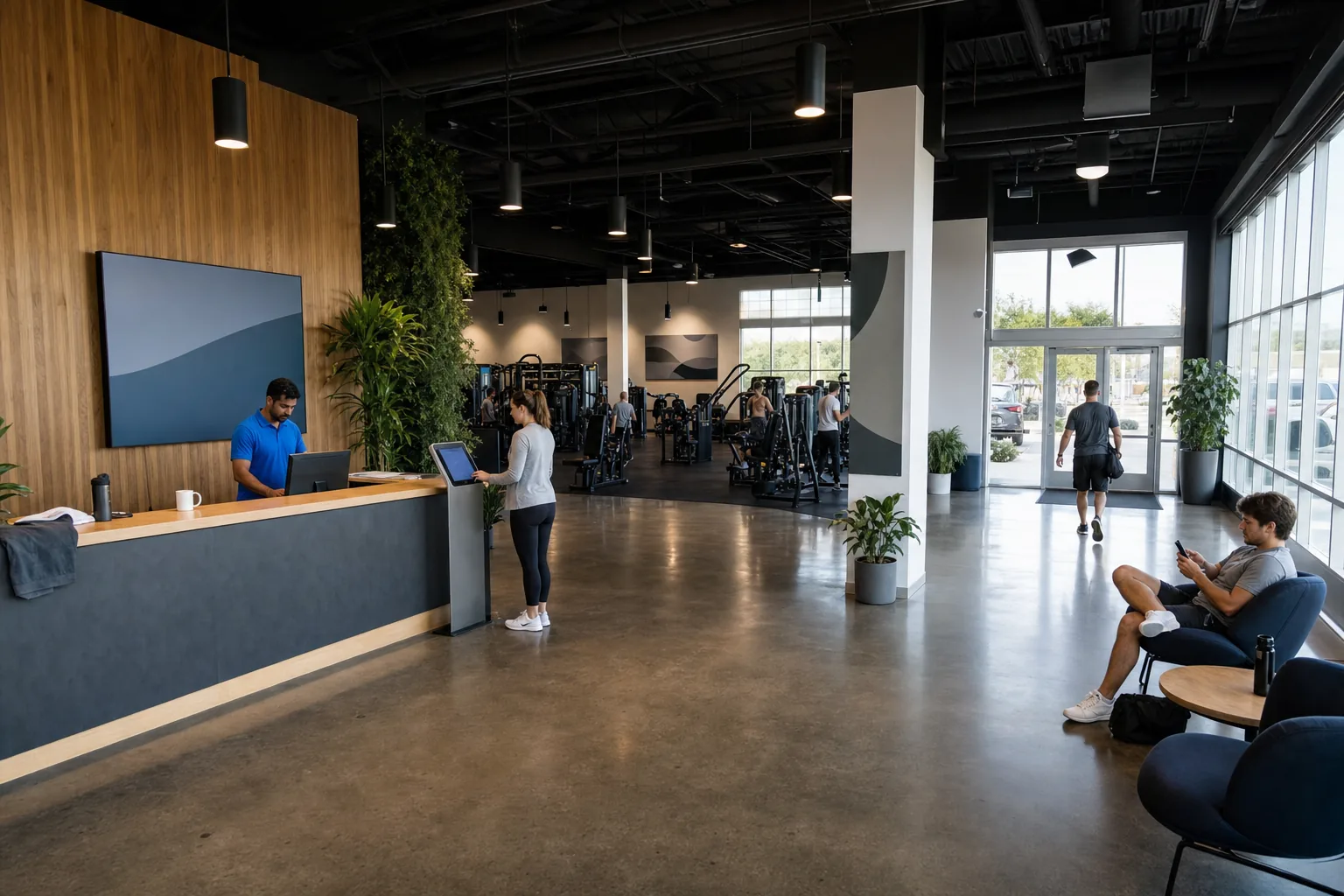 Wide reception lobby of a flagship club with staff and members moving through the entrance