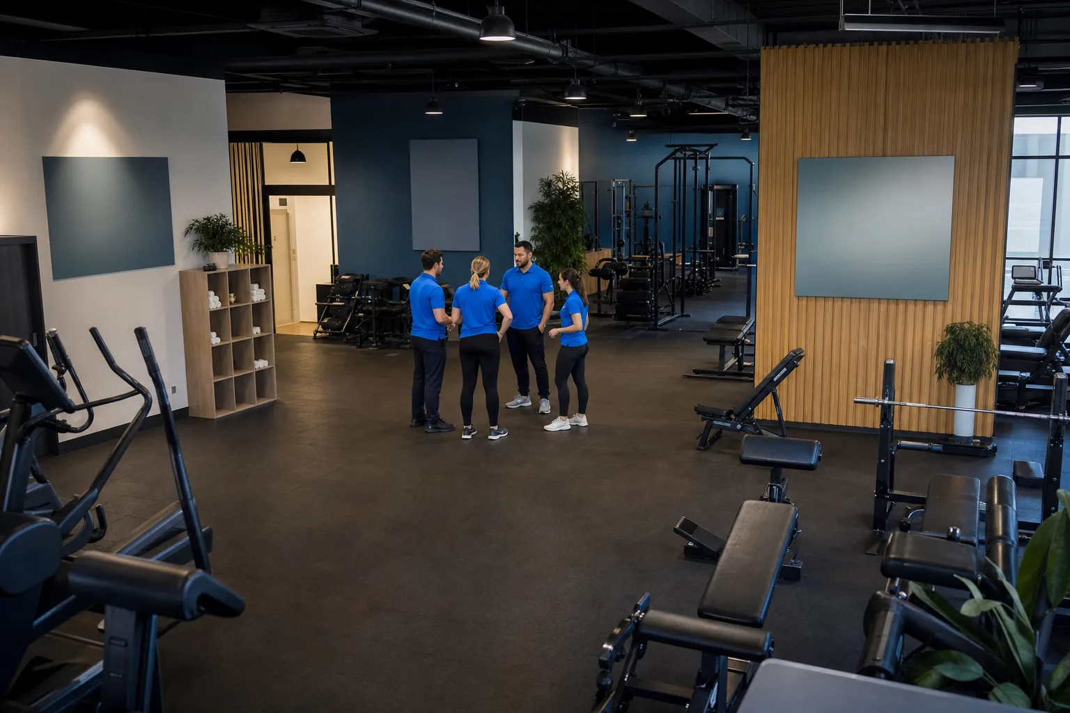 Gym staff in a short floor huddle reviewing the day's member follow-ups.