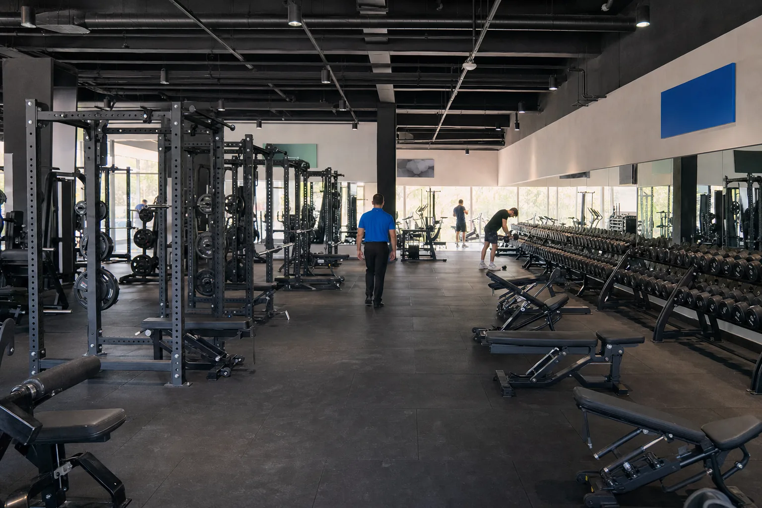 Members training across a busy commercial free-weights zone