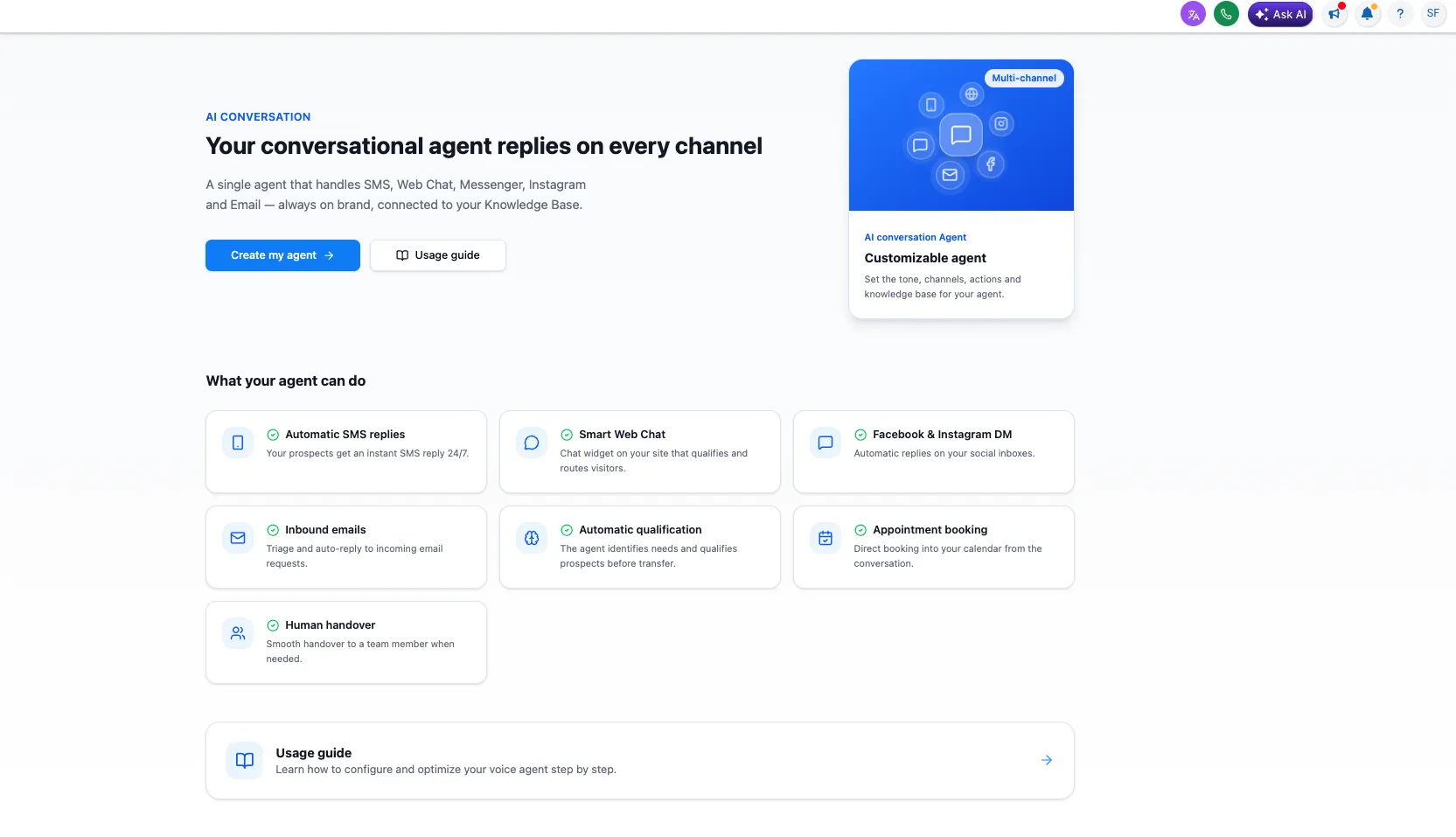 RISE Conversation dashboard showing an AI agent that replies on SMS, web chat, Facebook, Instagram, and email with automatic qualification and appointment booking.