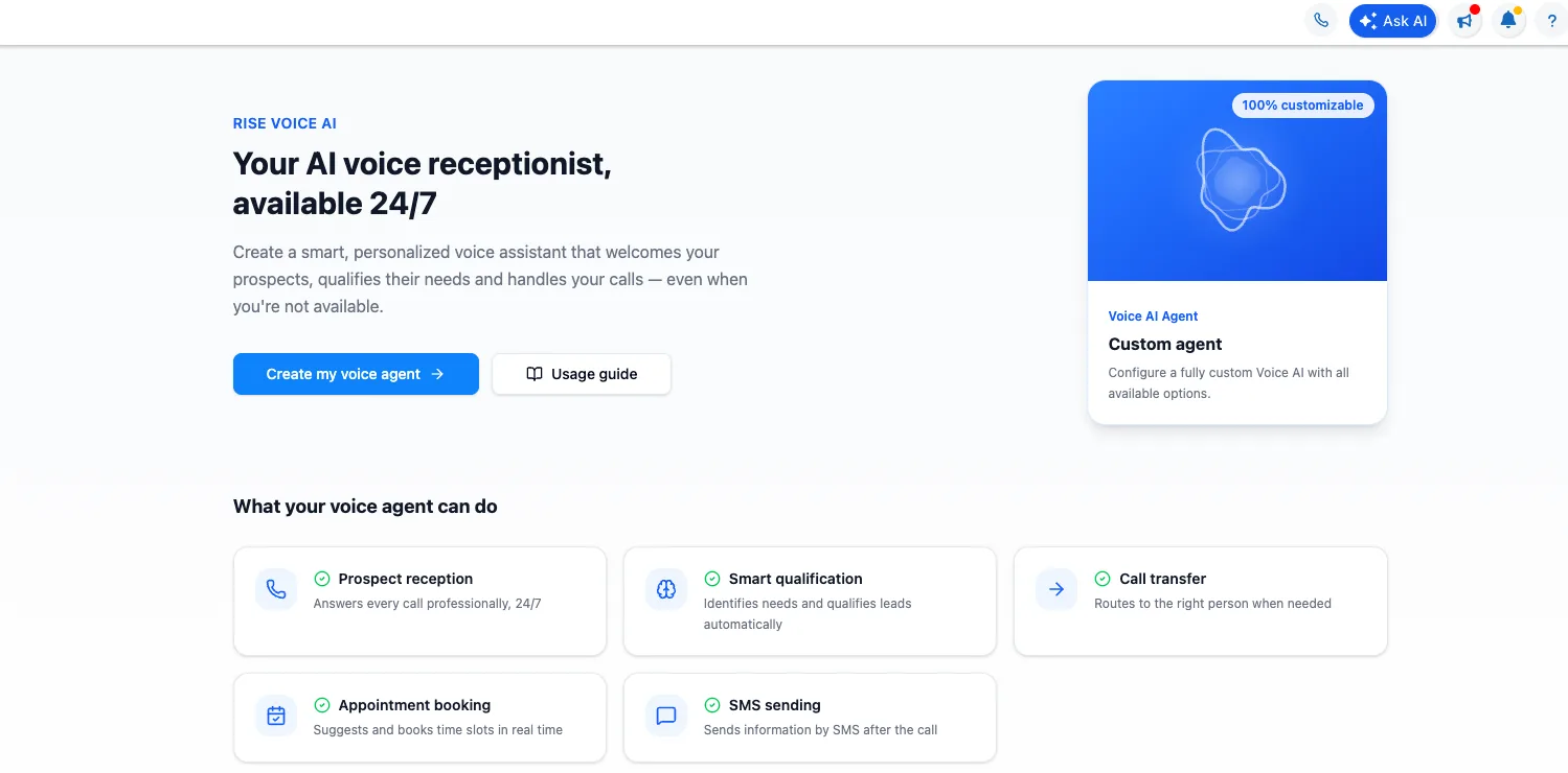RISE Voice AI dashboard showing the AI receptionist setup page with capabilities: prospect reception, smart qualification, call transfer, appointment booking, and SMS sending.
