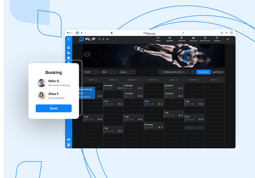 FLiiP booking calendar with a weekly class schedule