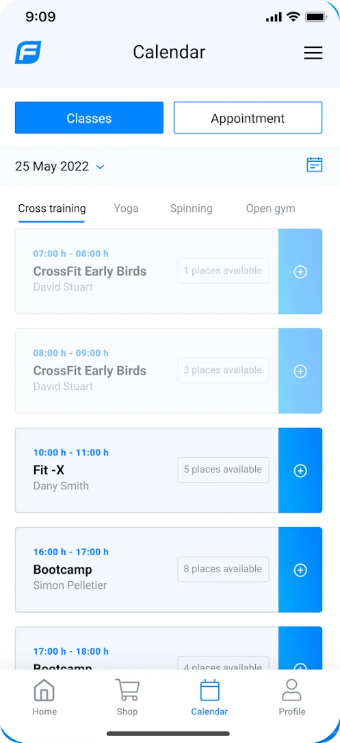 The FLiiP member app calendar, branded in FLiiP blue.