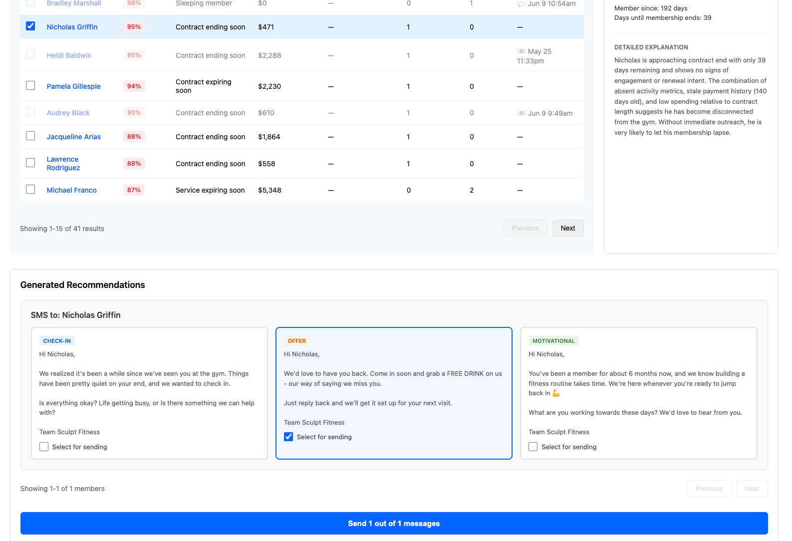 Three AI-drafted retention text messages for an at-risk member in FLiiP, ready to review and send