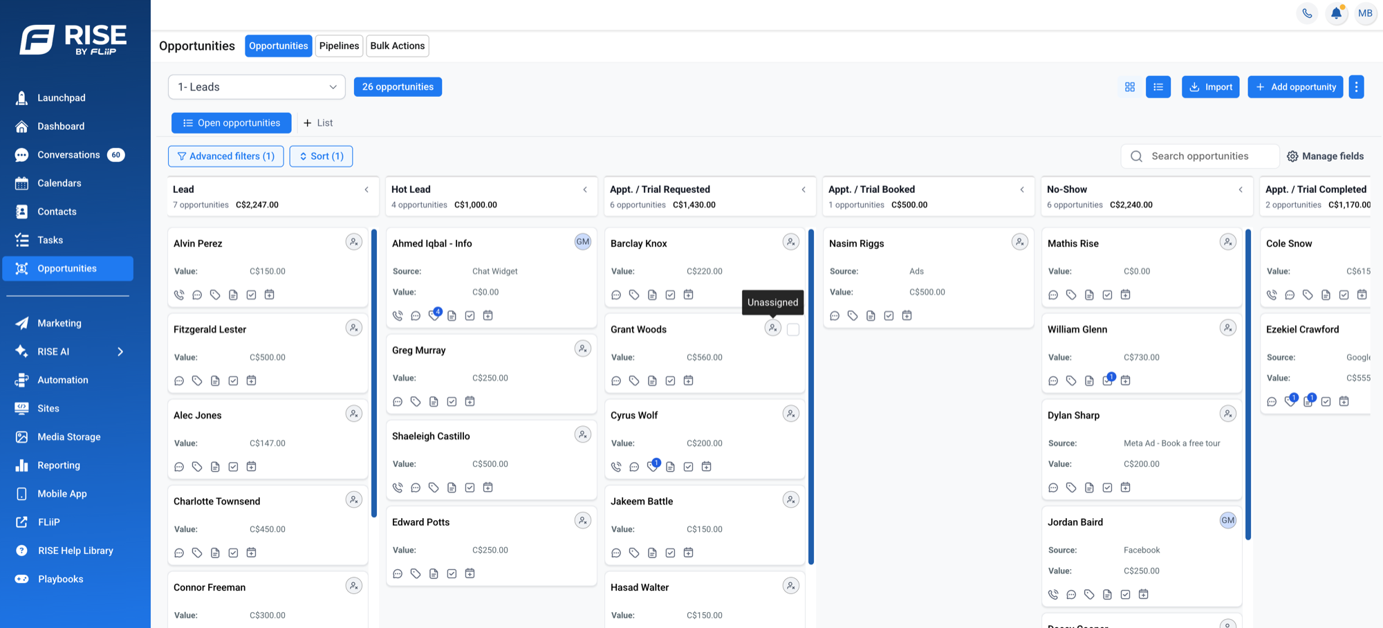 FLiiP RISE CRM pipeline with leads from every channel