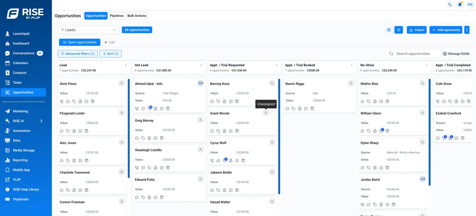 FLiiP RISE CRM pipeline with leads from every channel