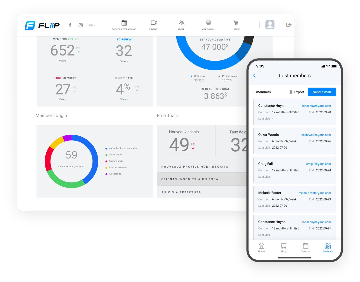 FLiiP dashboard with churn rate and a lost-members list