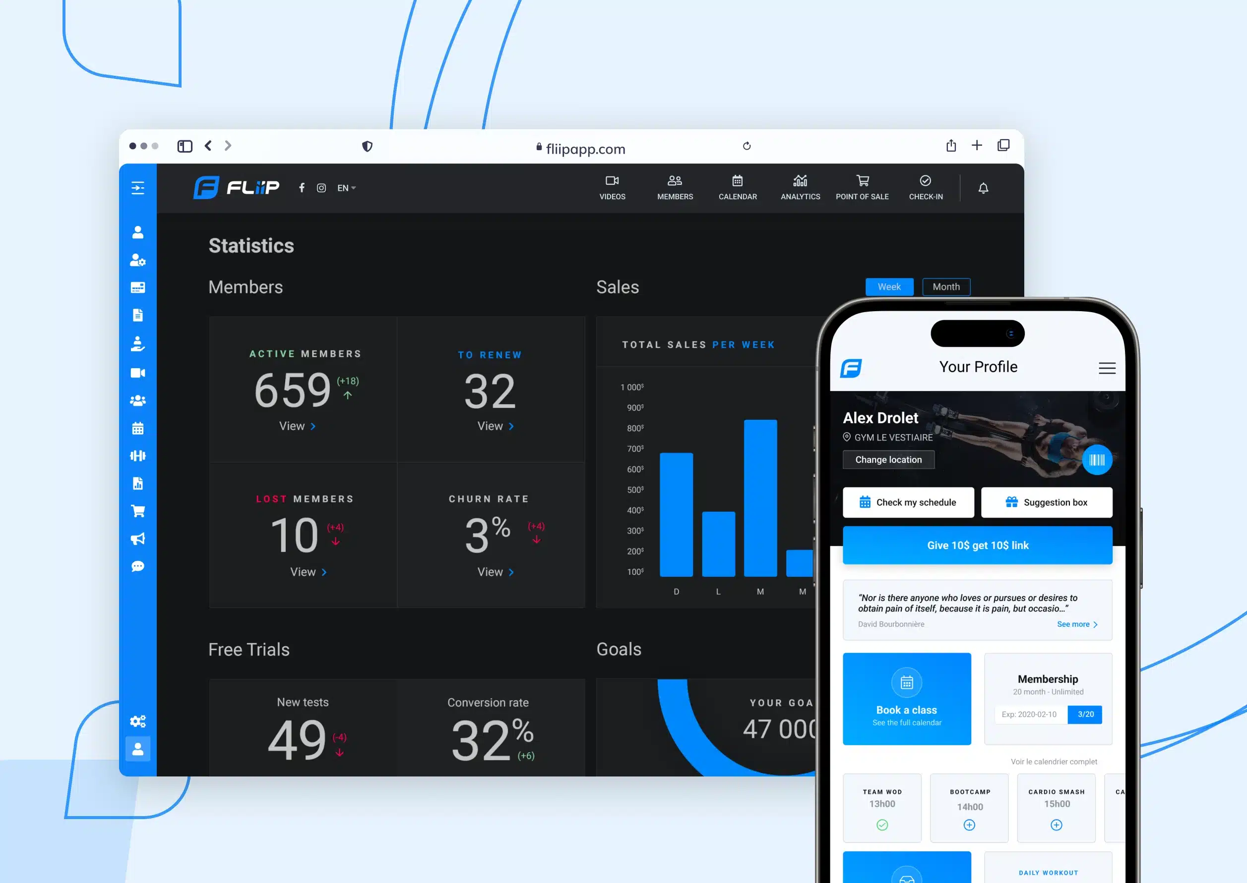 FLiiP analytics dashboard with member, sales, and goal metrics.