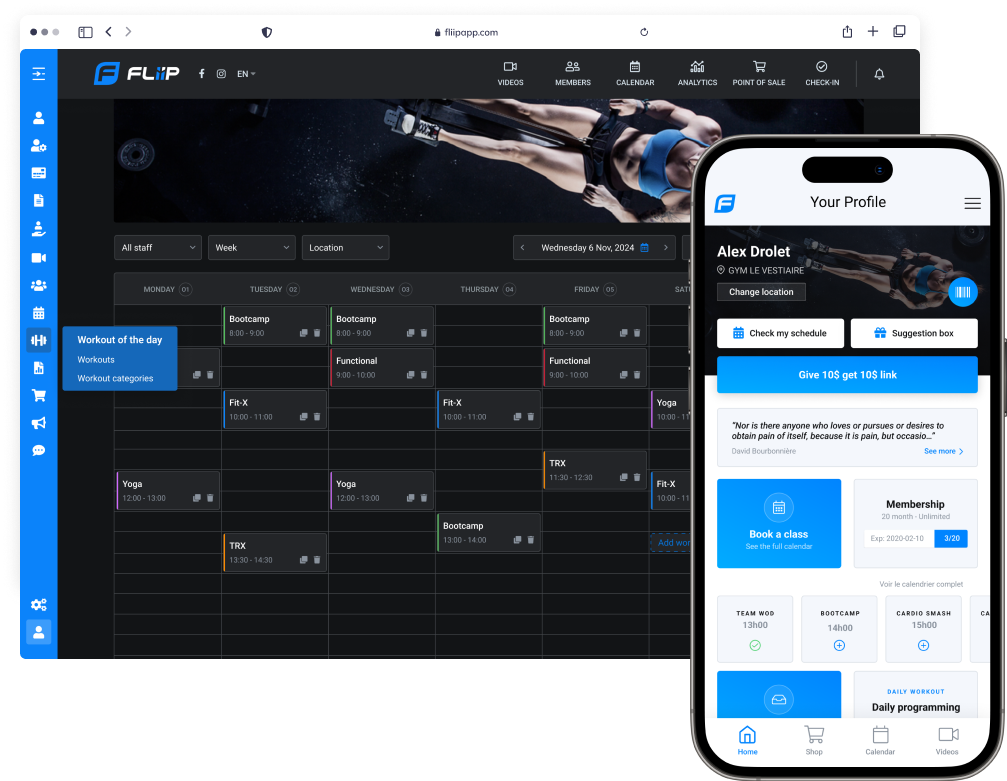FLiiP scheduling dashboard with a class calendar and member app