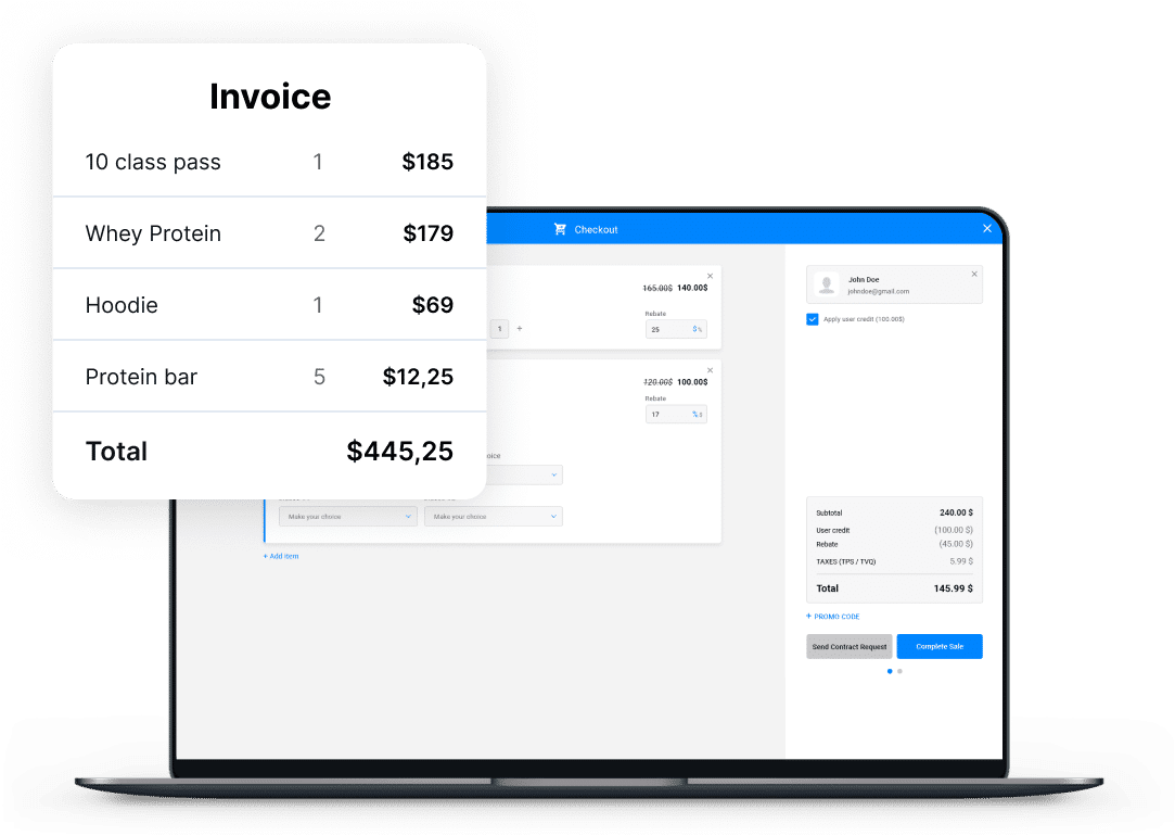 FLiiP billing screen with itemized totals and a payment summary panel