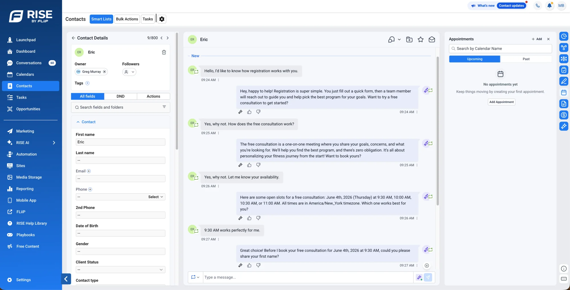 FLiiP RISE contact profile with member details, full conversation history, and upcoming appointments
