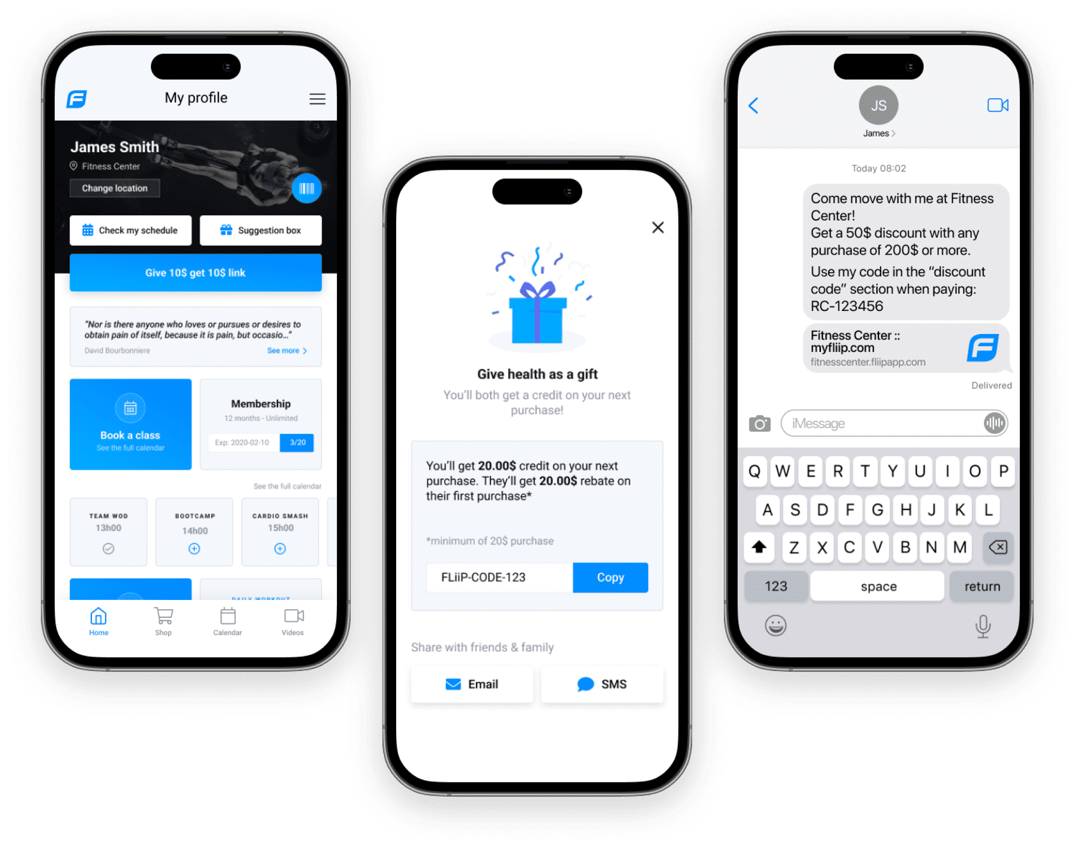 FLiiP member app screens with a referral reward and promotion