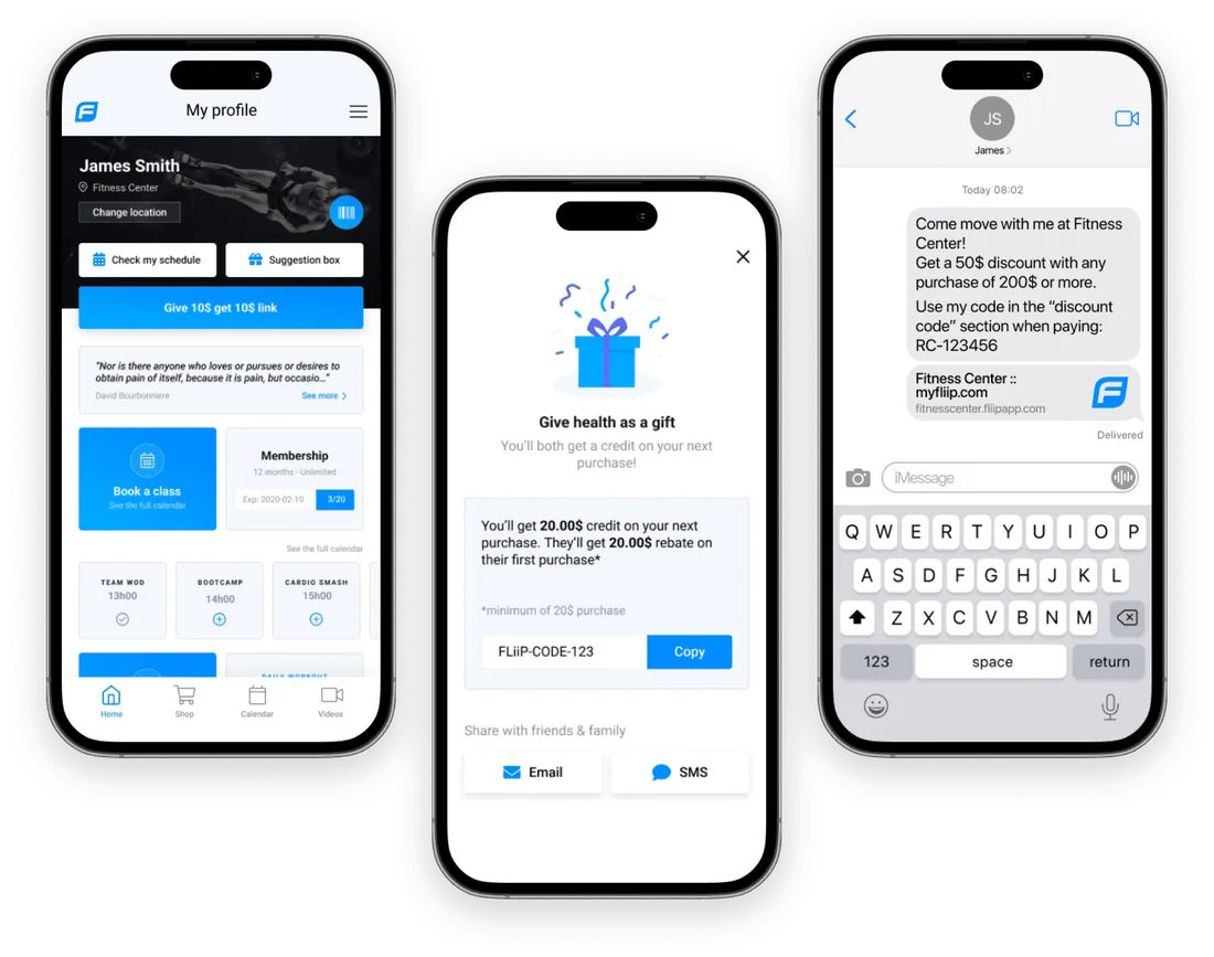 FLiiP member app screens with a referral reward and promotion
