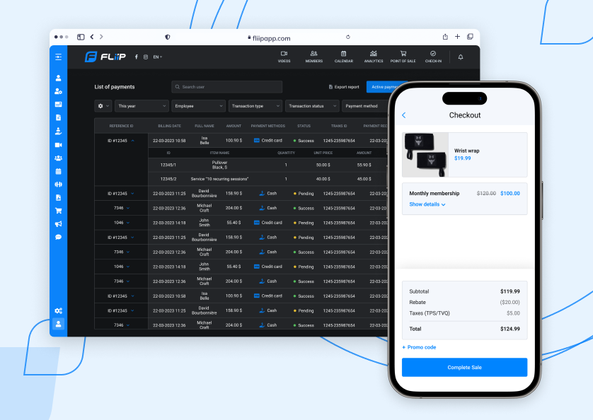 FLiiP payments dashboard beside a mobile checkout screen with an order total