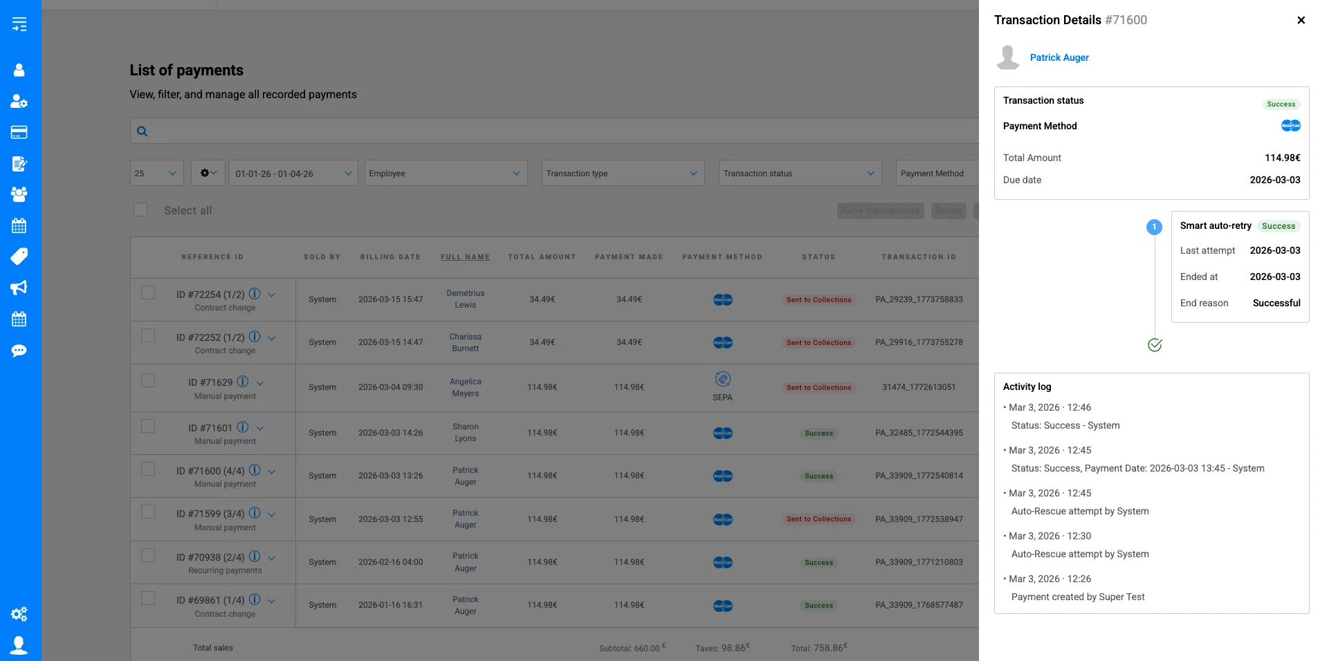 FLiiP payments dashboard with a mobile checkout screen