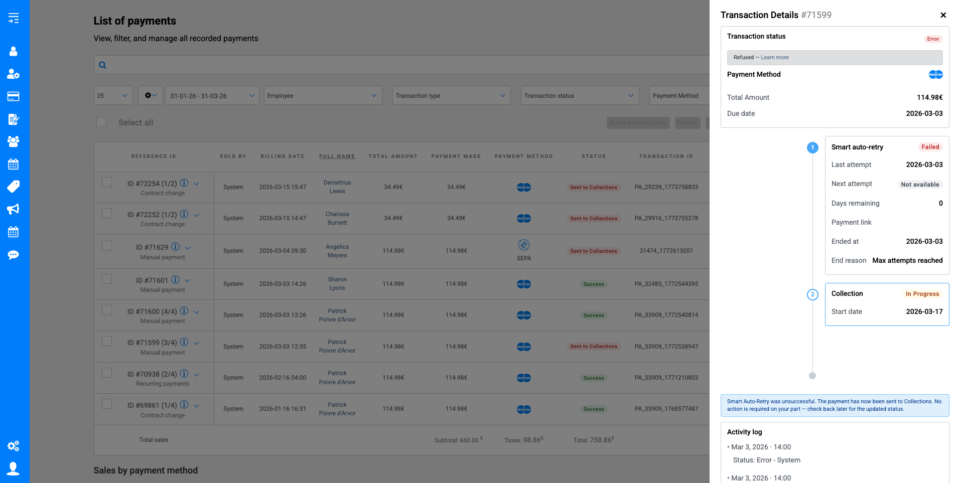 FLiiP payments list with transaction statuses and payment methods