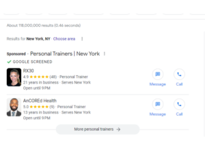 Personal Trainers Google local service ads